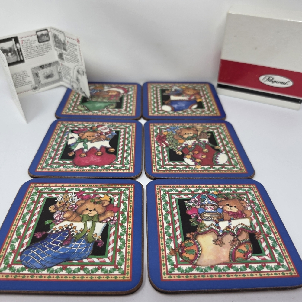 Pimpernel Coasters Bears Cjrostmas SET OF 6 vintage Cork Back